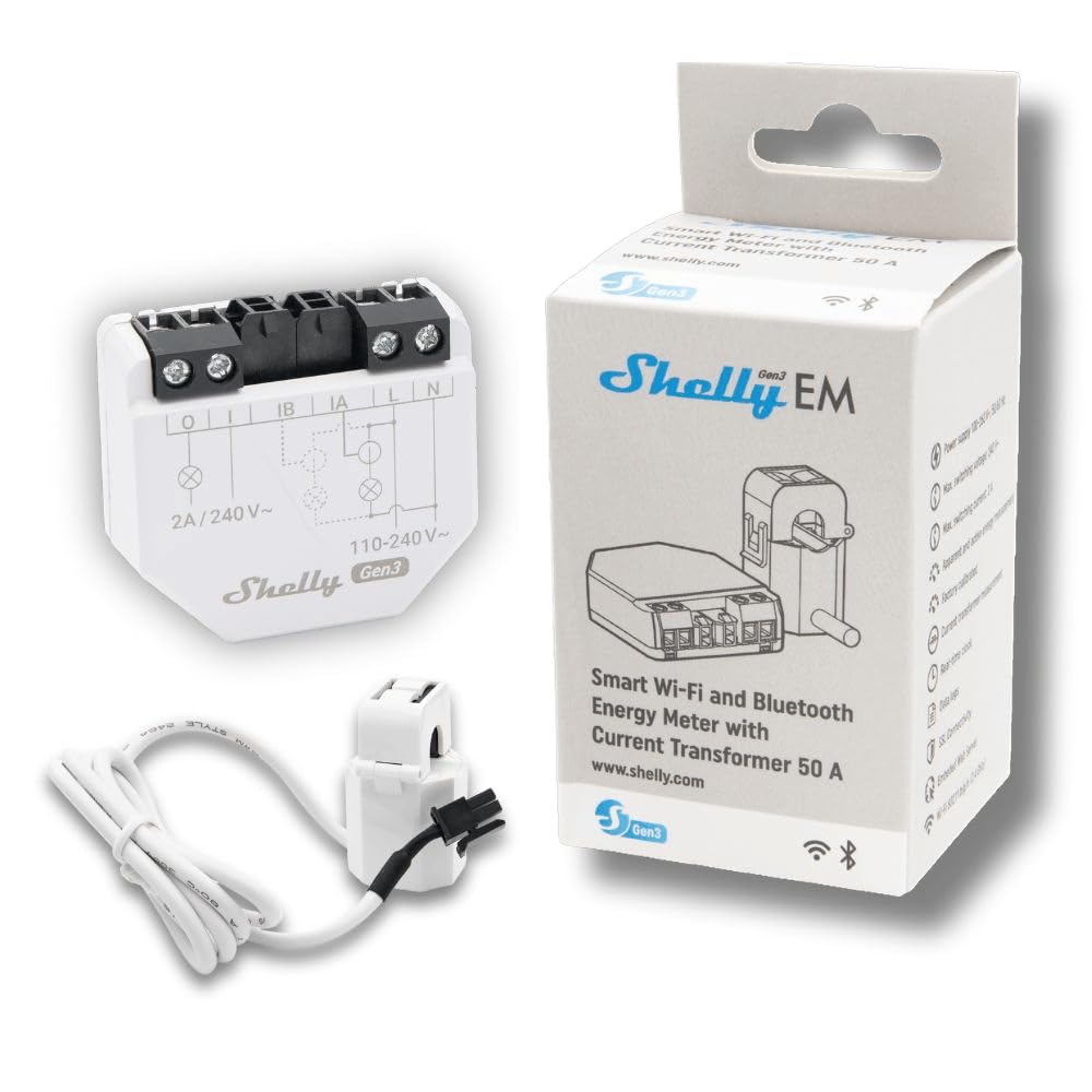 Shelly EM Gen3 + 50A Clamp | Wi-Fi-Operated Smart Energy Meter and Contactor Control Relay Switch | Home Automation | Works with Alexa & Google Home | iOS Android App | No Hub | Wide Integration