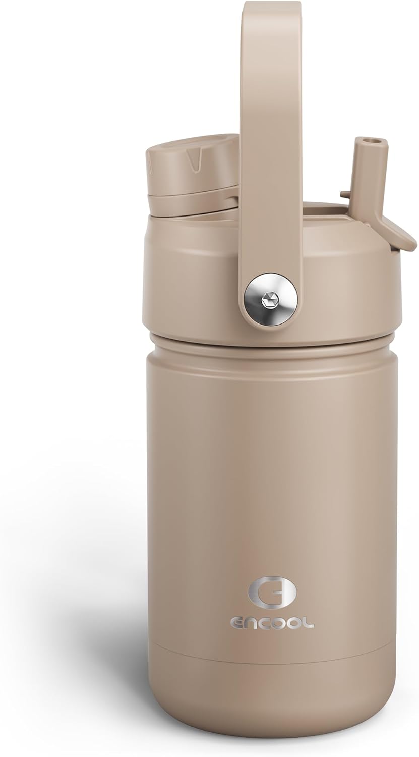 Kids Insualated Water Bottle with Straw - 12oz Stainless Steel Water Bottle with Dual Spouts, Leak-Proof, BPA-Free, Double Wall Vacuum Keeps Cold for 24 Hours for Sports, Travel, School (Raw Umber)