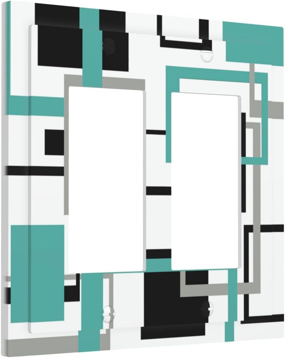 Geometric Turquoise Black Gray Modern Abstract Boho Decorative Outlet Covers 2 Gang Double GFCI Rocker Electrical Wall Panels Light Switch Cover Plate for Office Nursery Decor