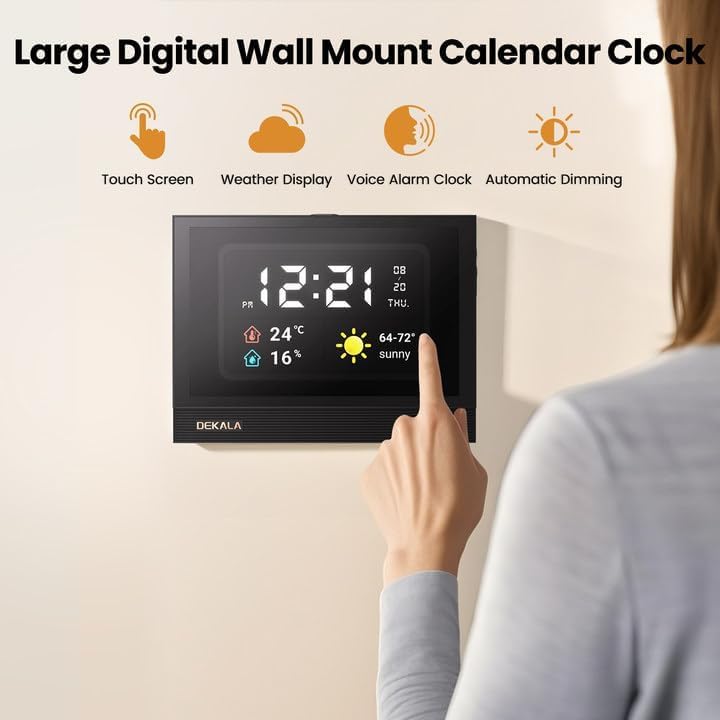 Dekala ClearTime 10.1" Large Display Digital Wall Calendar Clock, TouchScreen Voiced Alarm Clock for Bedroom Medication Reminder, WiFi Weather Display Auto DST for Adult Senior Dementia Heavy Sleepers