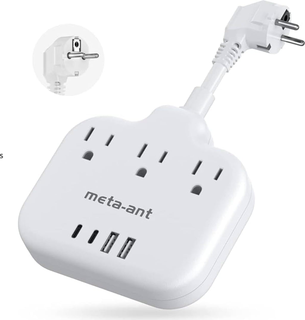European Travel Plug Adapter 3 inch, International Plug Adapter, US to Europe Plug Adapter with 3 Outlets 4 USB Ports(2 USB C), Type E F Power Adapter to EU Germany Spain France Portugal Iceland