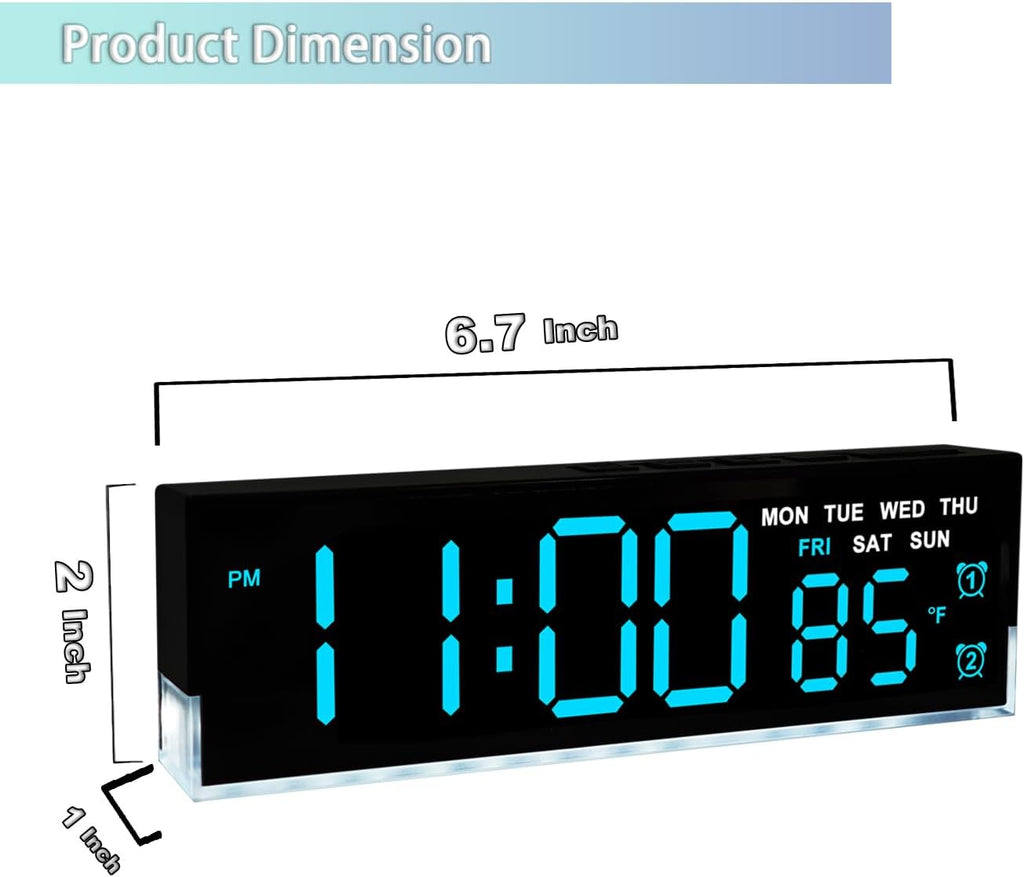 zyzamay 7 Inch Modern LED Digital Alarm Clock with Dual Alarms & Soft Bottom Light｜Displays Time, Date, Day, Temperature｜3-Level Auto/Manual Brightness, DST, USB or Battery Powered Desk Clock,Blue