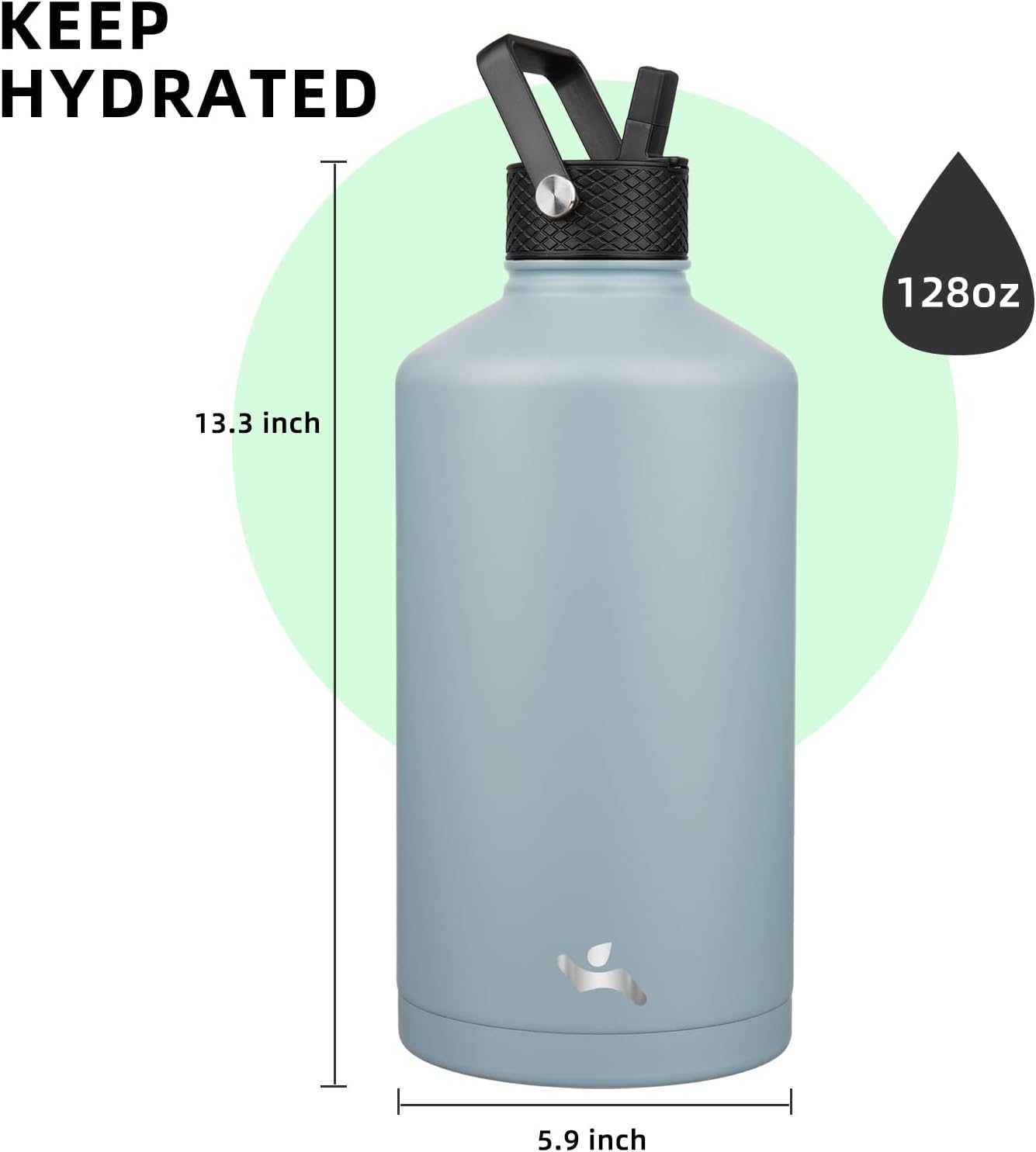 Gallon Insulated Water Bottle with Straw,128 oz 3 Lids Water Jug with Carrying Bag,Paracord Handle, Double Wall Vacuum Stainless Steel Metal Flask,Storm Blue