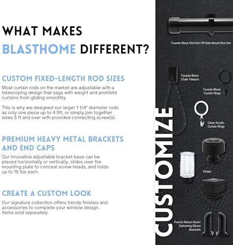 BlastHome® Non-Adjustable Luxury Extra Long Curtain Rod, 1 ¼” Rod Set, 13 foot Fixed Length (Three Rods Connect for a Seamless Look), Tuxedo Black