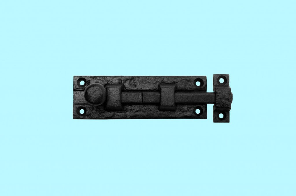 Renovators Supply Manufacturing Slide Bolt Latch 4 in. Black Wrought Iron Slide Bolt with Catch and Mounting Hardware Pack of 4