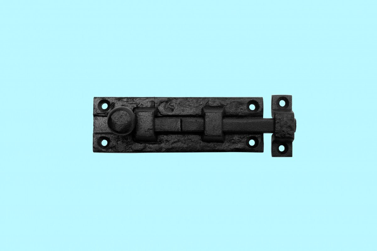 Renovators Supply Manufacturing Slide Bolt Latch 4 in. Black Wrought Iron Slide Bolt with Catch and Mounting Hardware Pack of 4