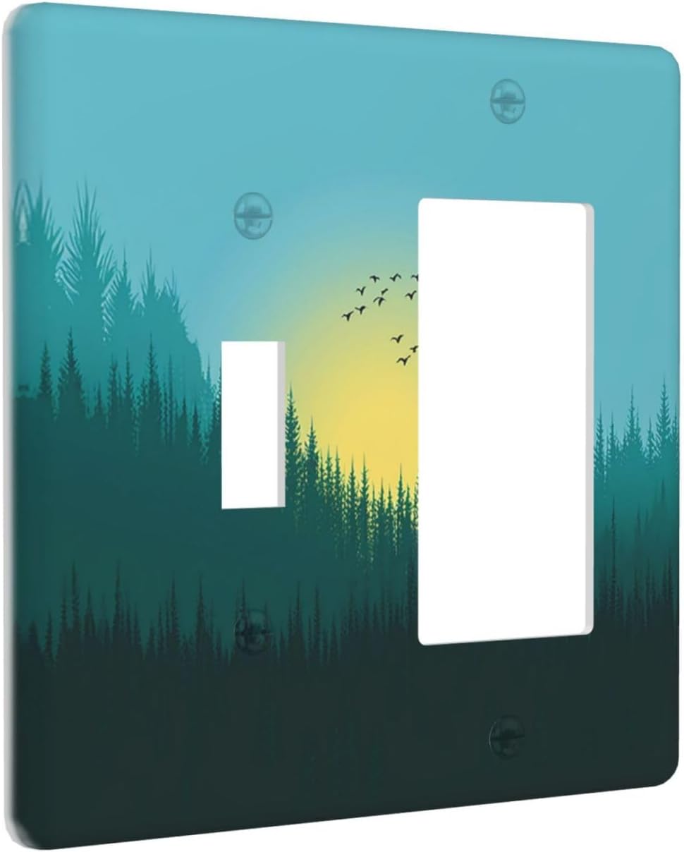 Green Forests And Birds Sun Woodland Outlet Covers 1 Toggle 1 Rocker Combination Light Switch Cover Plate Decorative Wall Plate Electrical Switch Plates for Bedroom Bathroom Decor