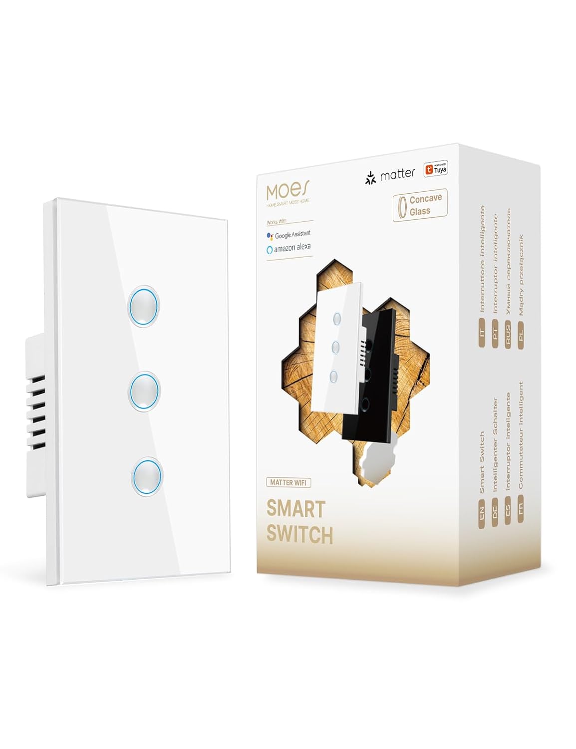 MOES Matter Wi-Fi Smart Light Switches Touch Glass Design, Needs Neutral Wire, Single Pole, 2.4GHz, Remote & Voice Control with Alexa, Google Home & Siri, Supports Timer and Schedule, White 3 Gang