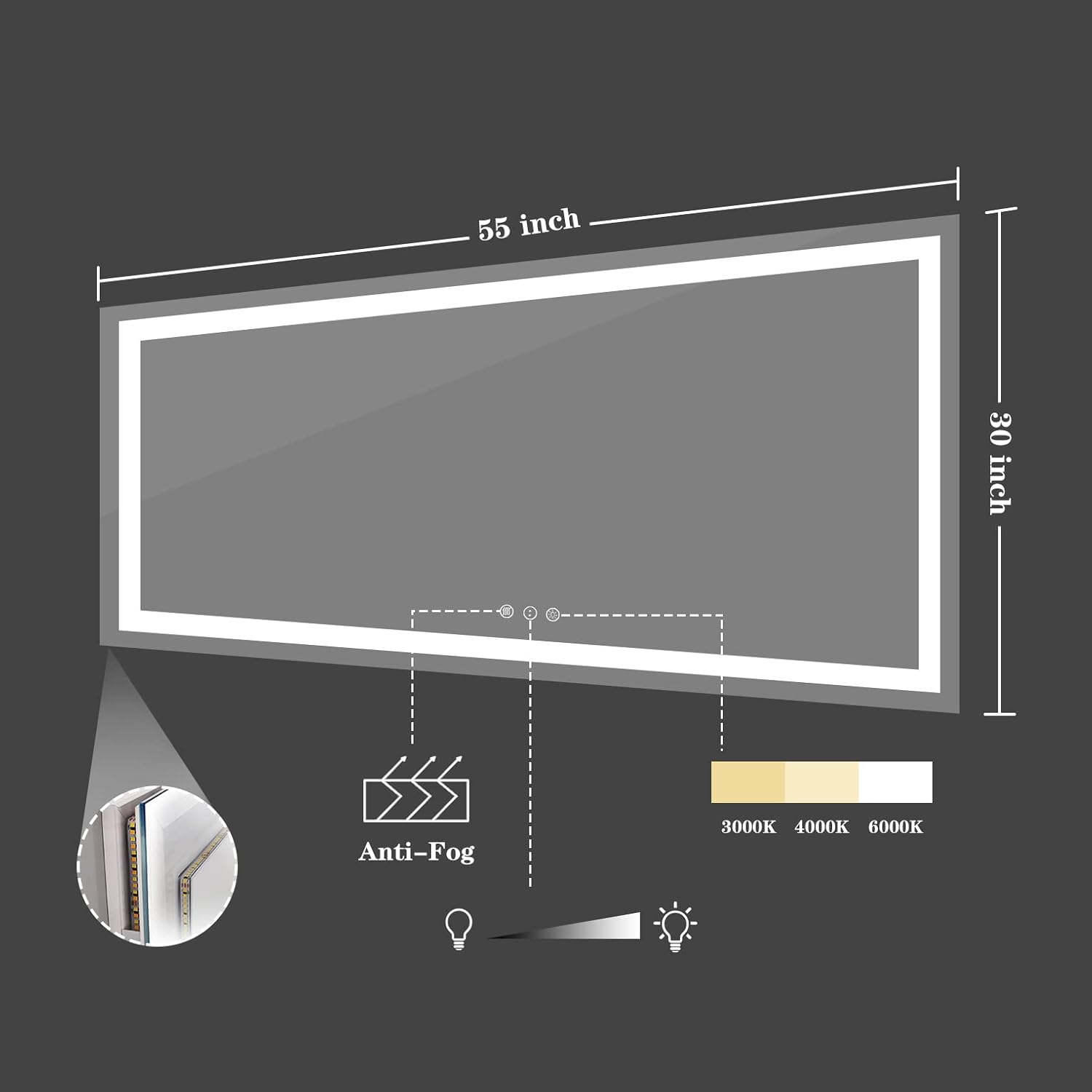 Amorho LED Bathroom Mirror, 55" X30" Front Light and Backlit Vanity Mirror, Dimmable Bathroom Mirrors for Wall, Anti-Fog, Memory, 3 Colors, Double LED Lights, Shatter-Proof, ETL Listed