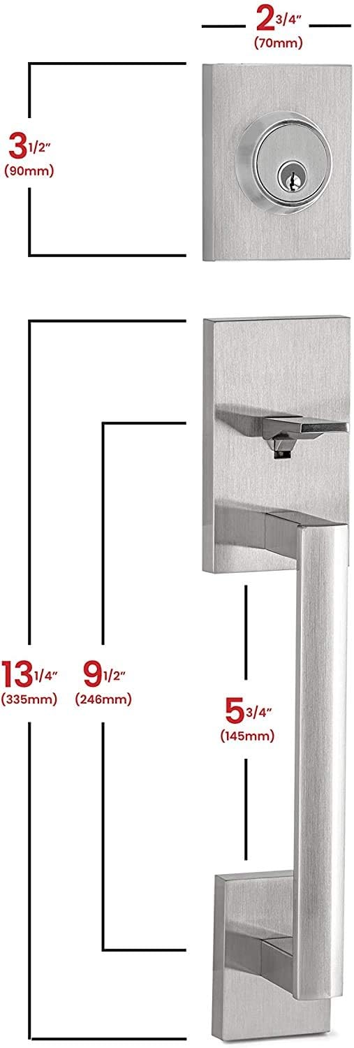 Berlin Modisch HandleSet Front Door Entry Handle and Deadbolt Lock Set Slim Square Single Cylinder Deadbolt and Lever Reversible for Right & Left Sided Doors Heavy Duty – Satin Nickel Finish