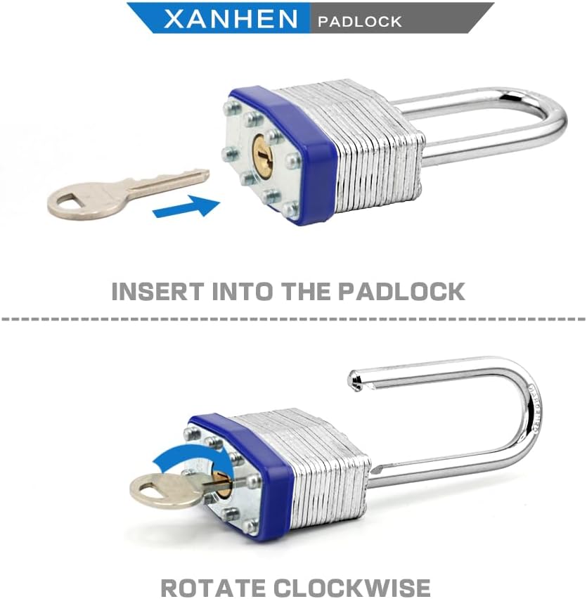 Laminated Steel Padlocks, 24 Pack, Blue, Keyed Alike, Long Shackle, for Hasp Latch, Sheds, Fences, Lockers, Schools, Gyms