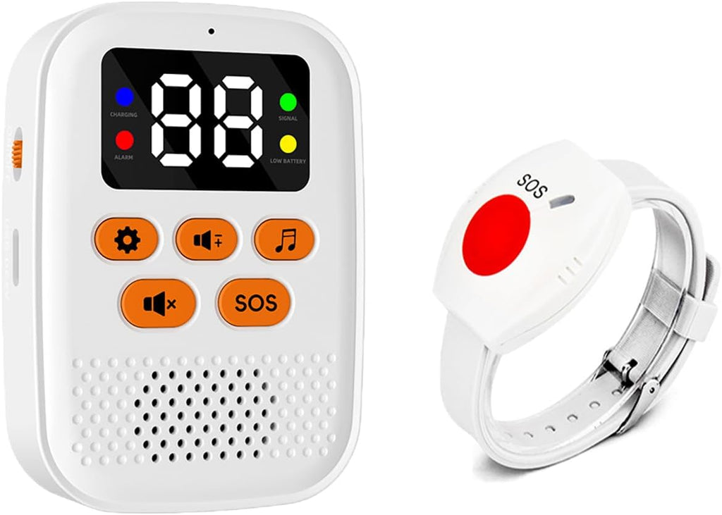 Wireless Caregiver Call Button Alarm, Portable Caregiver Pager for Seniors Patients 1 Bracelet Button & 1 Digital Display Receiver