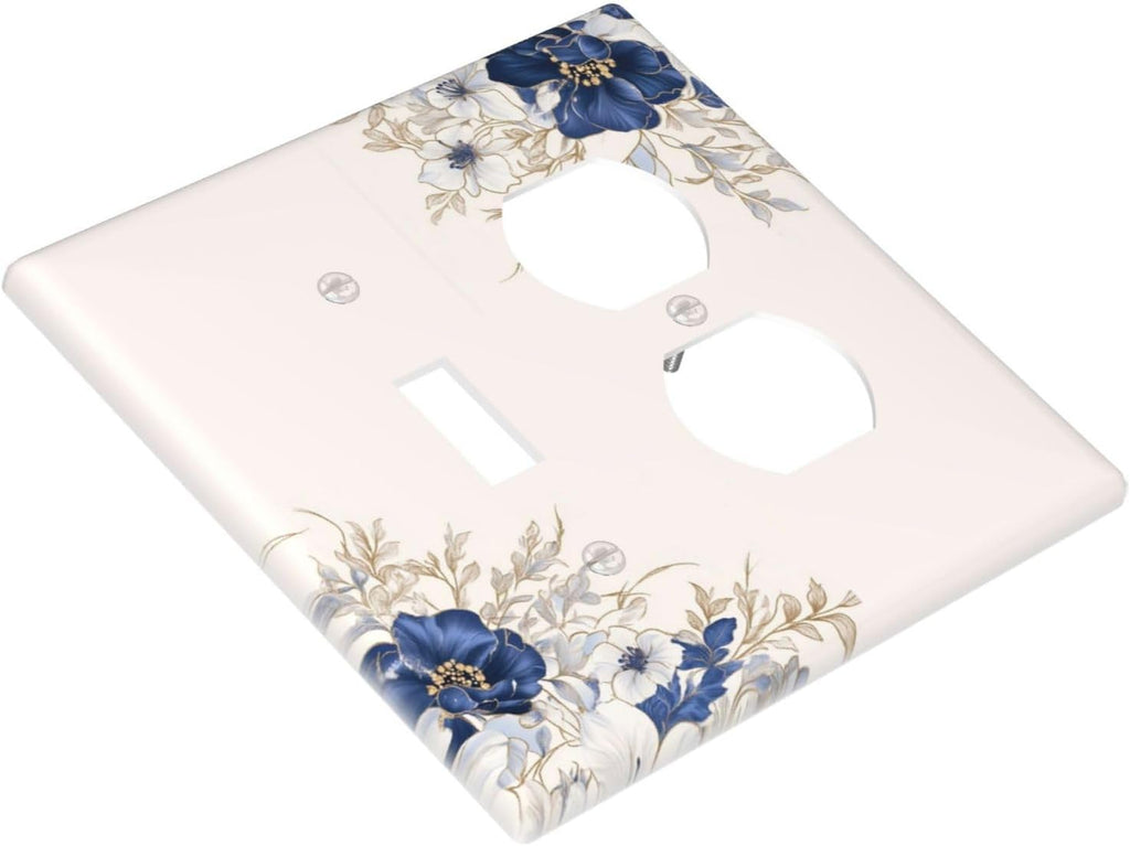 Decorative Outlet Covers Rustic Blue Beige Flower Peony Floral 2 Gang Light Switch Cover Plate Single Toggle Duplex Wall Plates for Electrical Outlets Switch Plate Covers for Bedroom Decor