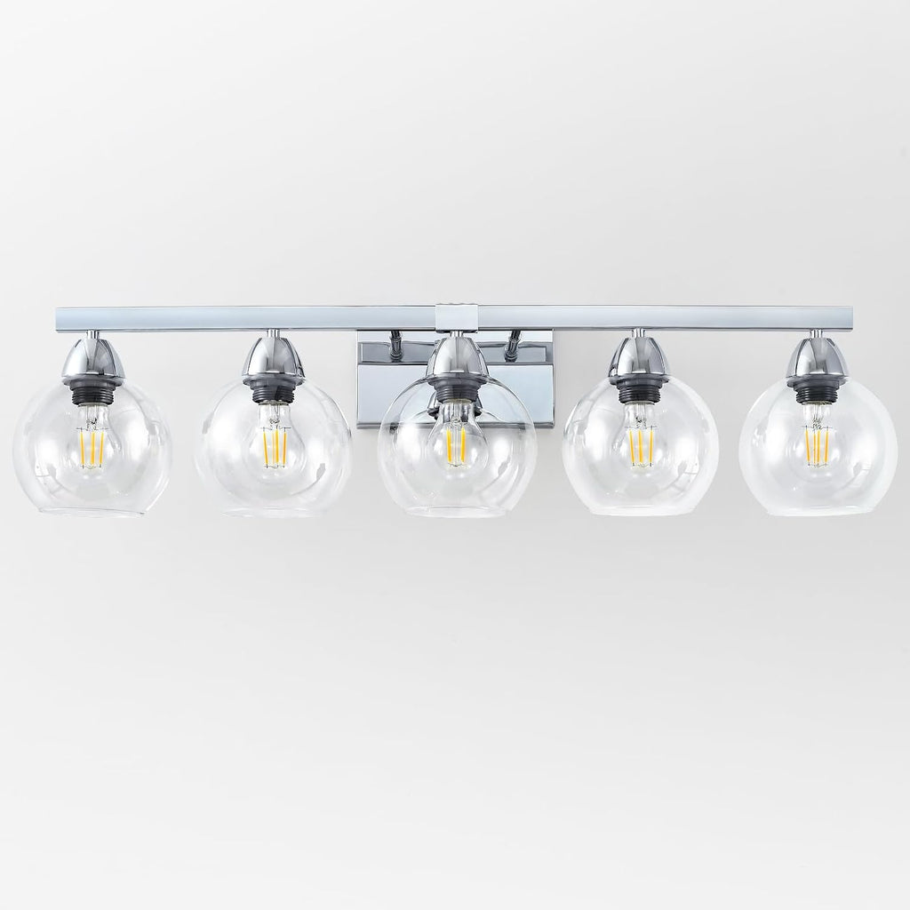 5-Light Bathroom Light Fixtures, Silver Vanity Light with Ultra-Clear Hand-Blown Glass, Durable & Elegant, Wall Lamp for Mirror, Bedroom, Kitchen