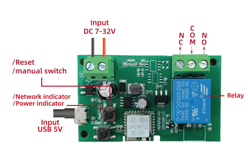 Huacaoe１CH WiFi Smart Switch Relay Module -10A Dry Contact Design for Garage Door/Home Automation, 7-32V DC & USB 5V Wide Voltage, Compatible with Alexa & eWeLink App, Mobile Remote Control