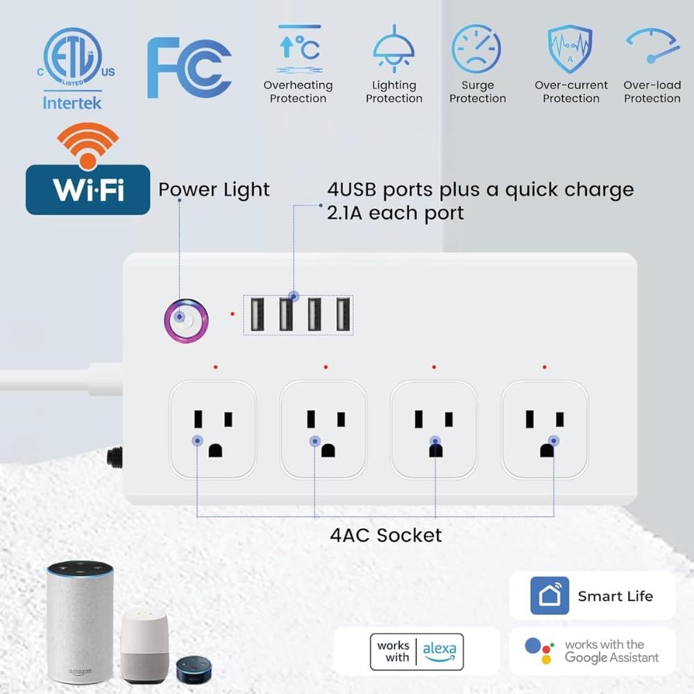 XENON Smart Plug Power Strip，Surge Protector with 4 Individually Controlled Smart Outlets, Voice Control,4 USBs (incl. 20W USB-C), Compatible with Alexa and Google Home,5Ft Extension Cord