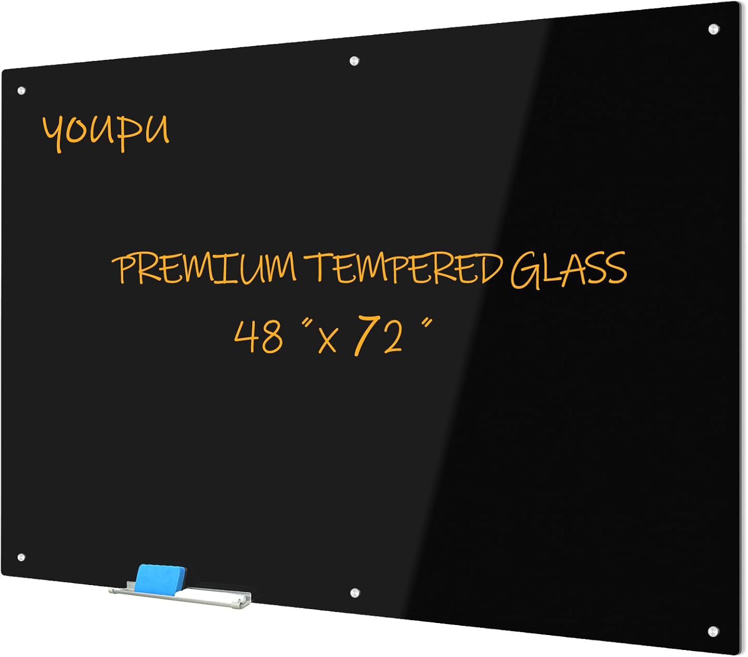 Magnetic Glass Writeboard 72"x48" Premium Tempered Dry Erase Boards Wall Mounted Frameless Whiteboard Bulletin Message Boards (Black)