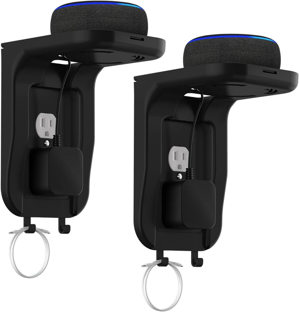 Suptek Wall Outlet Shelf 2 Pack,Home Wall Shelf Organizer for Outlets,Perfect for Bathroom, Kitchen, Bedrooms,Hold Cell Phone,Speaker up to 20lbs,With Cable Management and Detachable Hooks,Black(S3B2)