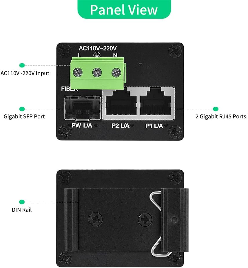 3 Port Industrial Ethernet Switch Unmanaged 2 x 10/100/1000M RJ45 Copper Ports with 1 Gigabit SFP Fiber Uplink Slot Wide Temperature Range Plug and Play Commercial/Industrial Network Solution