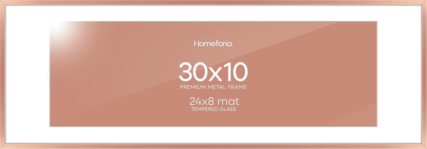 Homeforia 10x30 Rose Gold Picture Frame, High End Metal 10by30 Poster Frames with Mat 8x24 Photo, 10 x 30 Rose Frames Matted to 8 x 24 Print, 30x10 Panoramic Frames, Tempered Glass, Wall Kit, Set of 1
