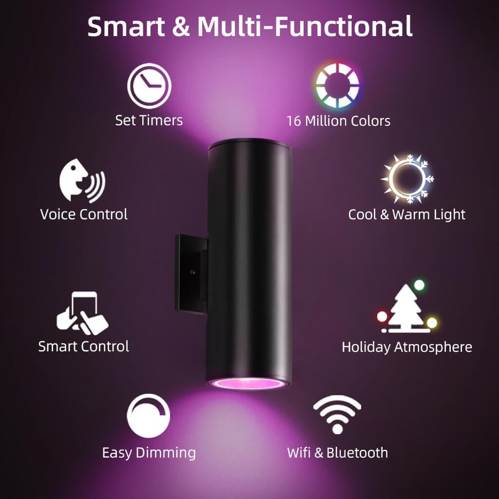 SHIMR Color Changing Outdoor Lights 2 Pack, RGB 2700K-6500K Smart Porch Lights with Remote, Cylinder Exterior Lighting Fixtures Aluminum Anti-Rust, Up and Down Lighting for House [ETL Listed]