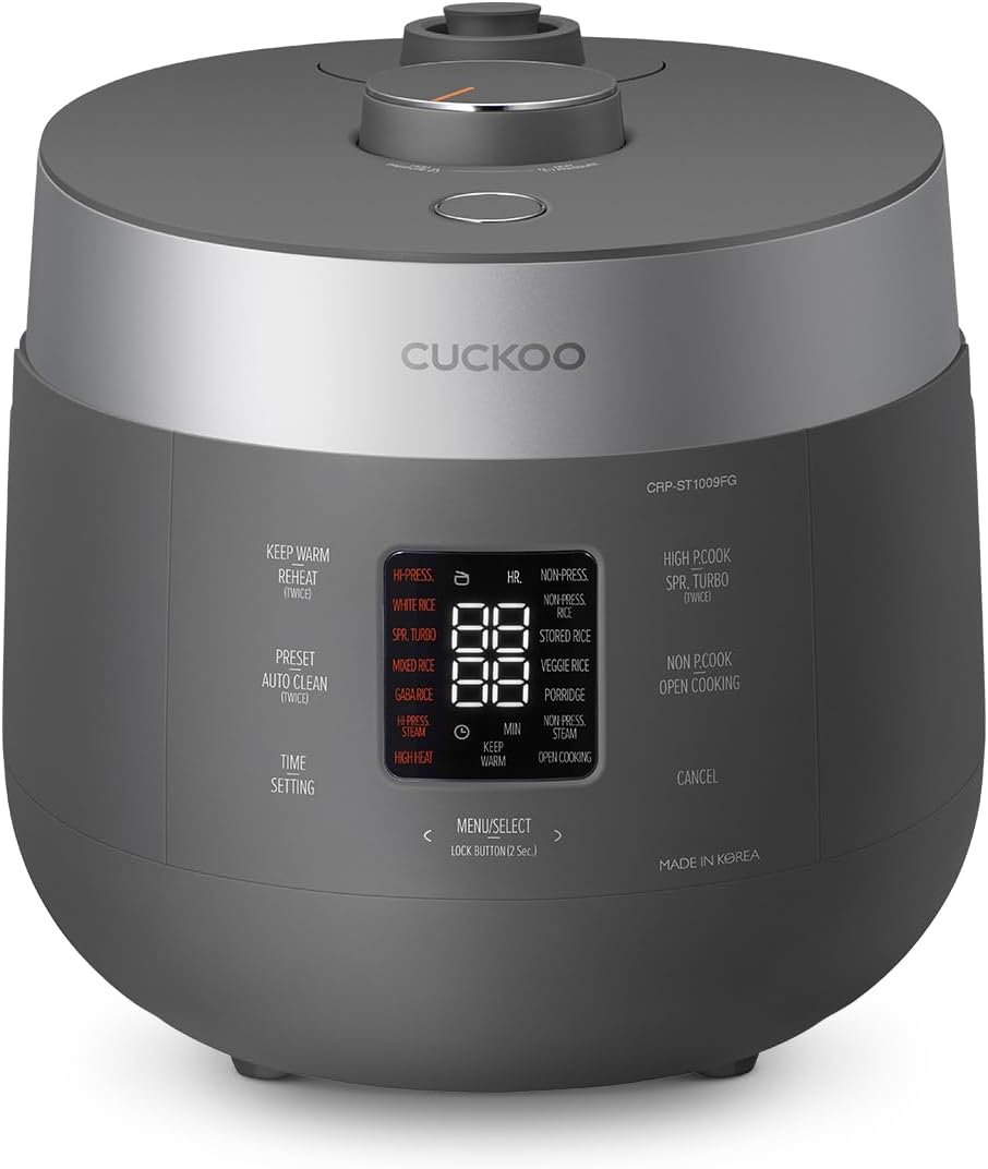 CUCKOO Twin Pressure Rice Cooker 10-Cup Uncooked / 20-Cup Cooked with Nonstick Inner Pot, Large Rice Maker & Warmer with 16 Menu Options, Open Cooking Mode, Voice Guide, Gray (CRP-ST1009FG)