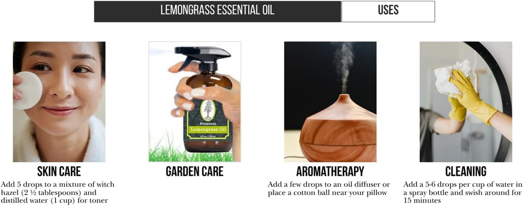 Lemongrass Essential Oil 4 Fl Oz with Dropper and Sprayer - 100% Pure and Natural - Hair Care, Home Diffusers, Skin Care, Aromatherapy, Massage and Humidifiers, and Garden Care