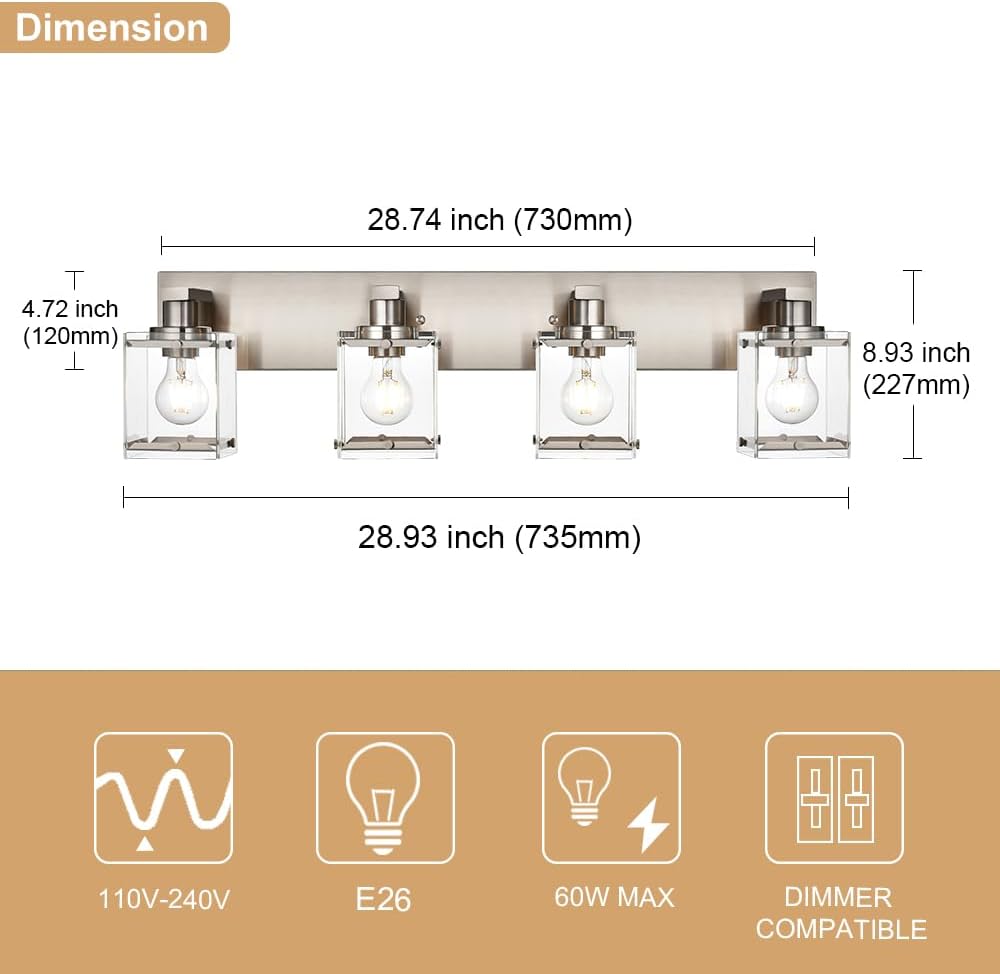 4-Lights Bathroom Vanity Light Fixtures in Brushed Nickel, E26 Socket Wall Sconce Lighting Fixtures with Clear Glass Shades for Over Mirror Bedroom Living Room Cabinet