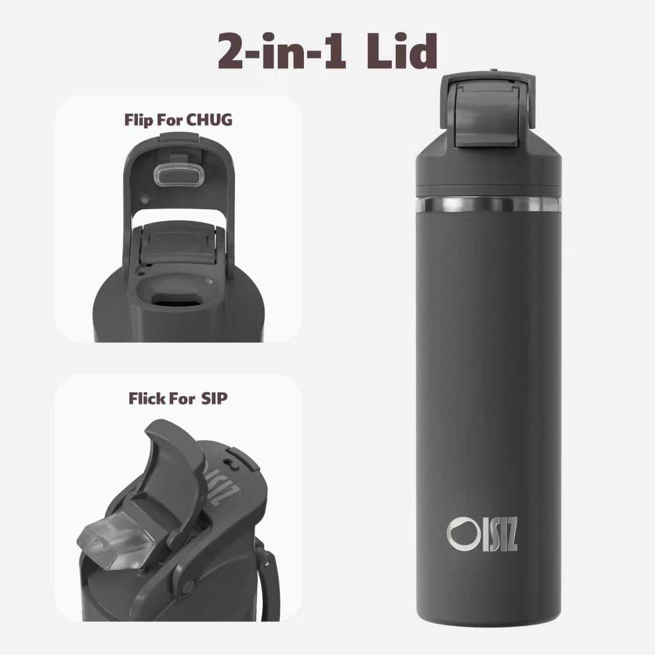 OISIZ Insulated Water Bottle 24 oz with 2 in 1 Spout and Straw Lid,One Click Safety Lock,100% Leakproof,Keep Cold 24H,Vacuum Stainless Steel Water Bottle for School,Travel and Sports,Dishwasher Safe