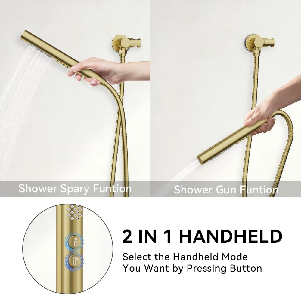 Shower Systems Shower Faucet Sets STARBATH 3 Way 12+6" Round Dual Rainfall Shower Head with Handheld Spray Combo, Ceiling Mounted Rain Shower Valve with 5 Diverter and Trim Kit Complete, Brushed Gold