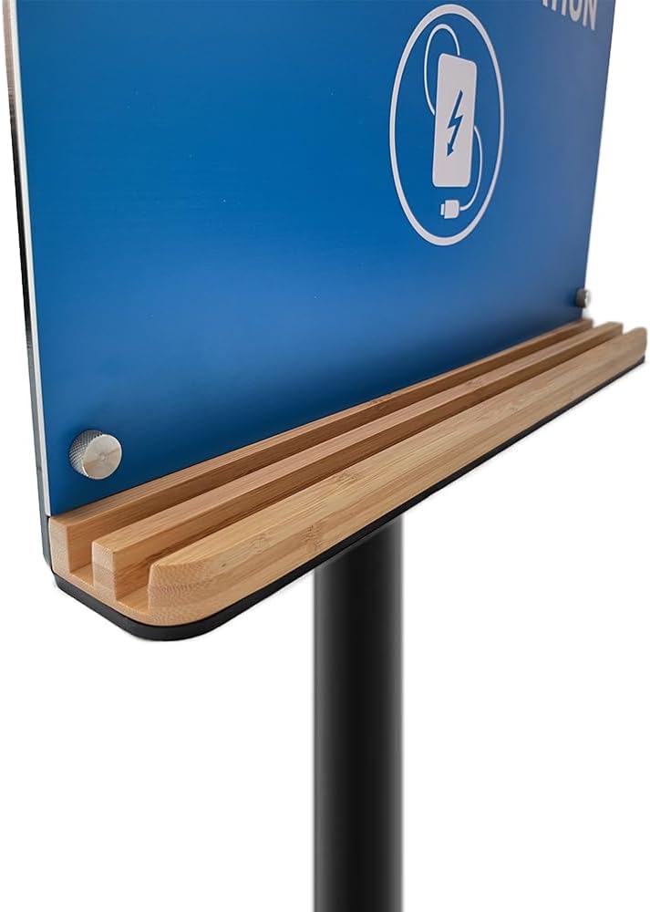 Steady Floor Stand Public Cell Phone Charging Station with 8 Ports High Speed Cables, Multi-Device Charging Shelf with Bamboo Tray, Application for Schools, Office, Business,Events