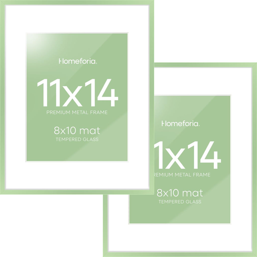 Homeforia 11x14 Picture Frame Sage Green, High End Metal 11x14 Wall Hanging Frame with Mat 8x10, 11 x 14 Poster Frame Matted to 8 x 10 inch Photo, 14x11 Thin Frames, Tempered Glass, Wall Kit, Set of 2