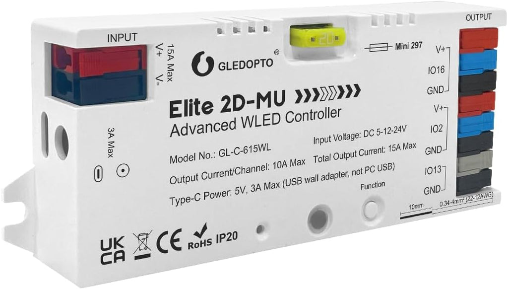 Elite Series ESP32 WLED LED Strip Controller Dynamic Mic Sound Reactive 20A Fuse Level Shifter UART Energy Save Relay for WS2811 WS2812 SK6812 WS2813 WS2815 Addressable RGB IC Strip