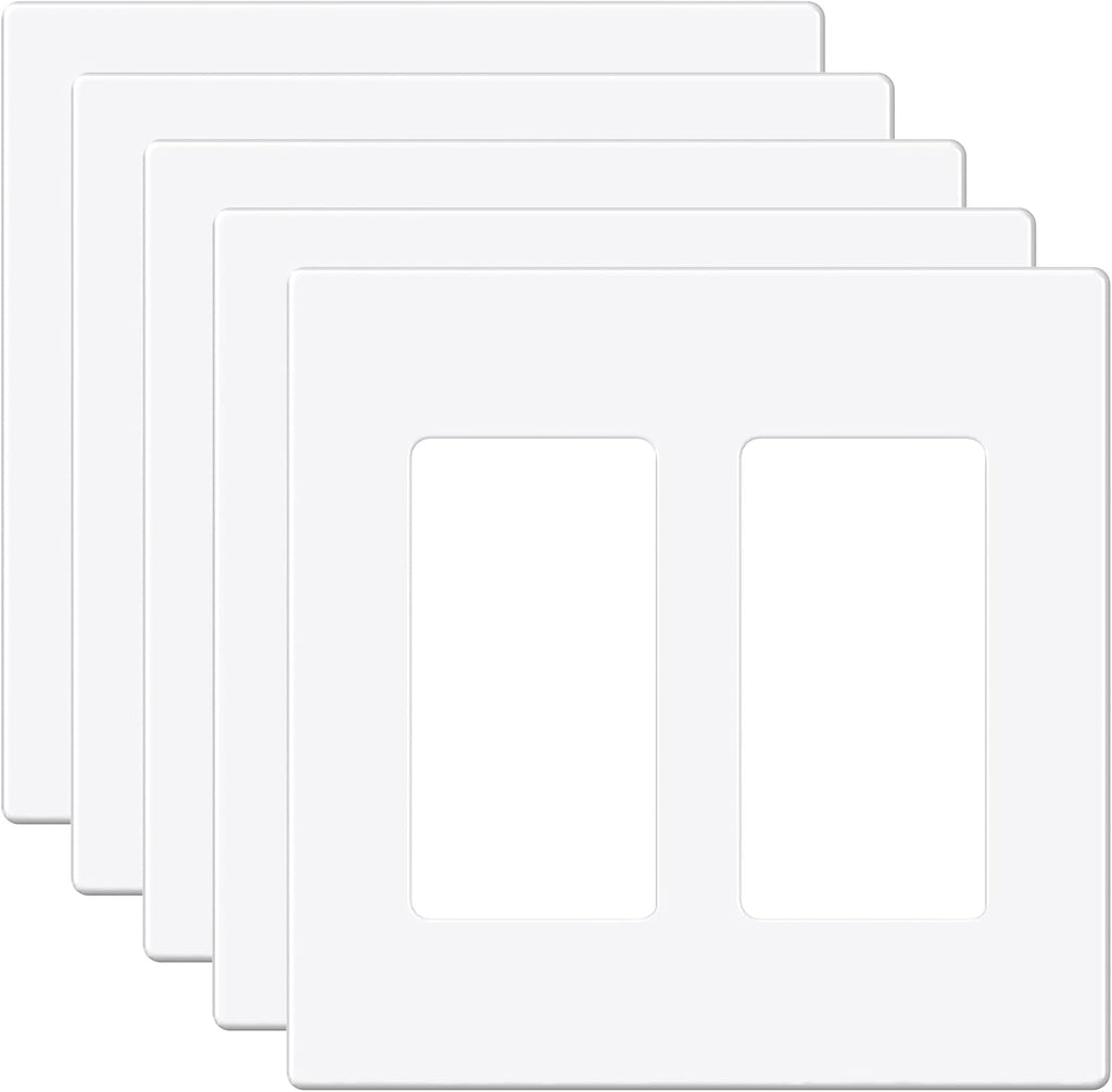 EMITEVER 2-Gang Screwless Decorator Wall Plate Cover for Receptacle Outlet & Light Switch, Standard Size 4.53"H x 4.53"W, Unbreakable Thermoplastic Faceplate, UL Listed, Matte White 5-Pack