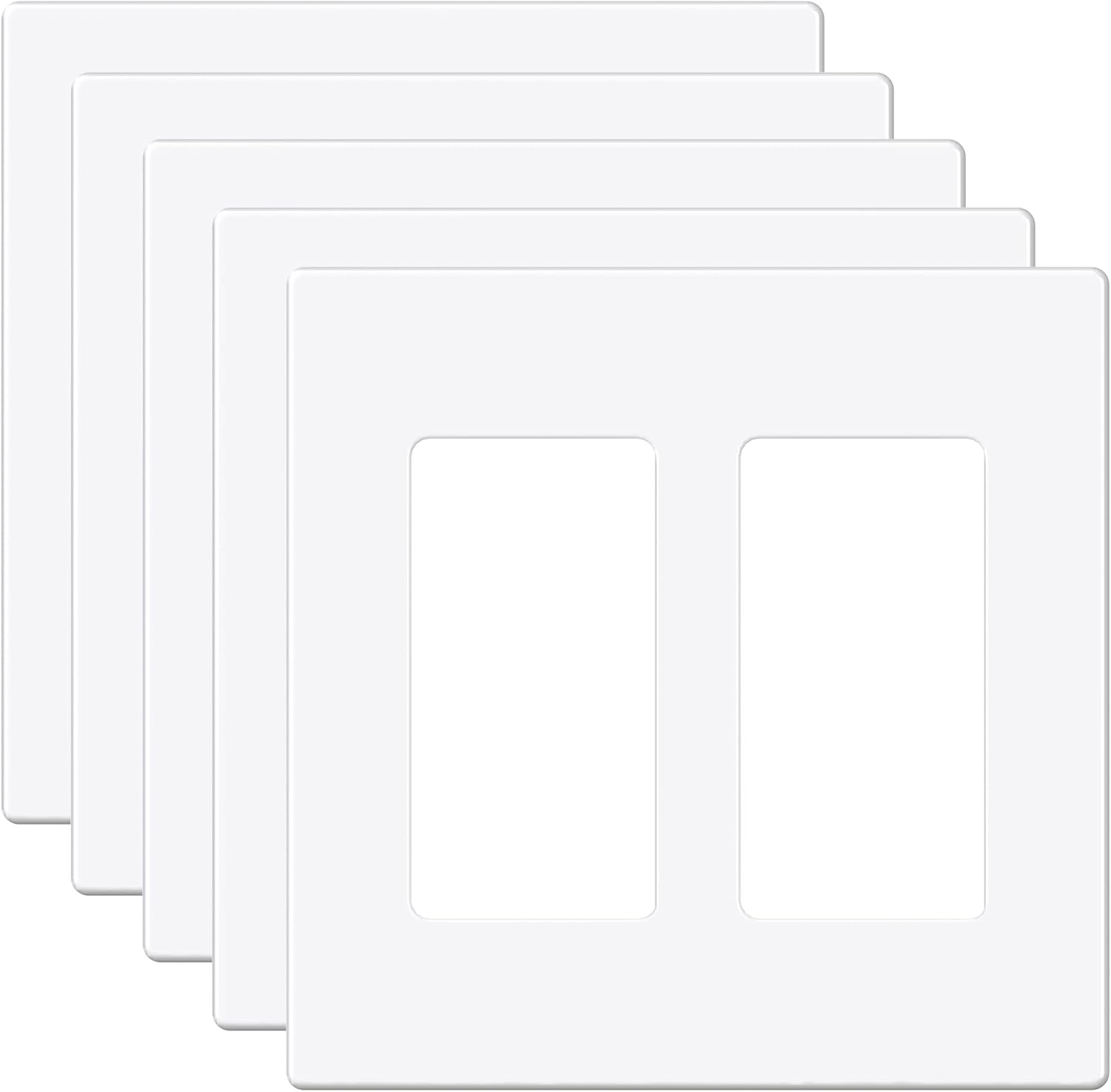 EMITEVER 2-Gang Screwless Decorator Wall Plate Cover for Receptacle Outlet & Light Switch, Standard Size 4.53"H x 4.53"W, Unbreakable Thermoplastic Faceplate, UL Listed, Matte White 5-Pack