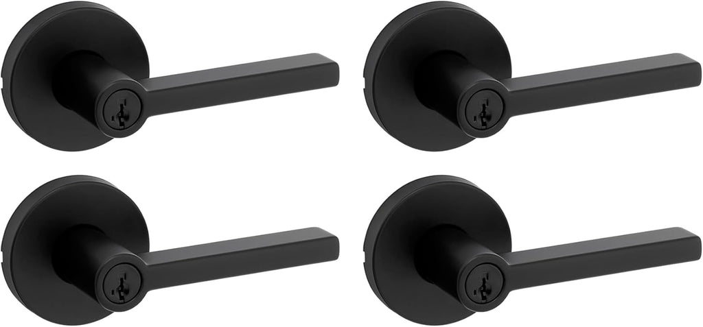 Kwikset Halifax Entry Door Handle with Lock and Key, Secure Keyed Reversible Lever Exterior, for Front Entrance and Bedrooms, Matte Black, 4 Pack, Pick Resistant SmartKey Rekey Security and Microban