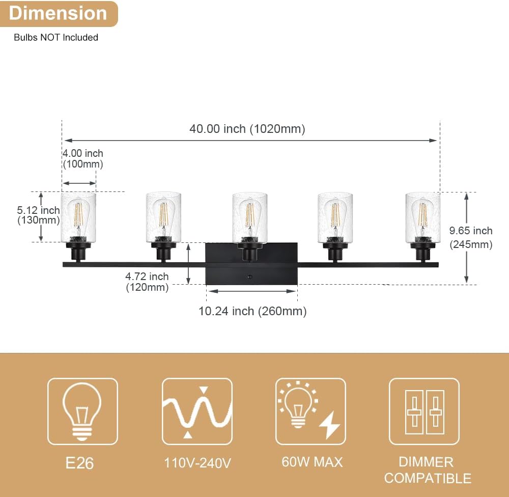 40 Inches Length Black Bathroom Lighting Fixtures, 5-Light Modern Industrial Wall Sconce Vanity Light Fixture with Seeded Glass for Bedroom Over Mirror