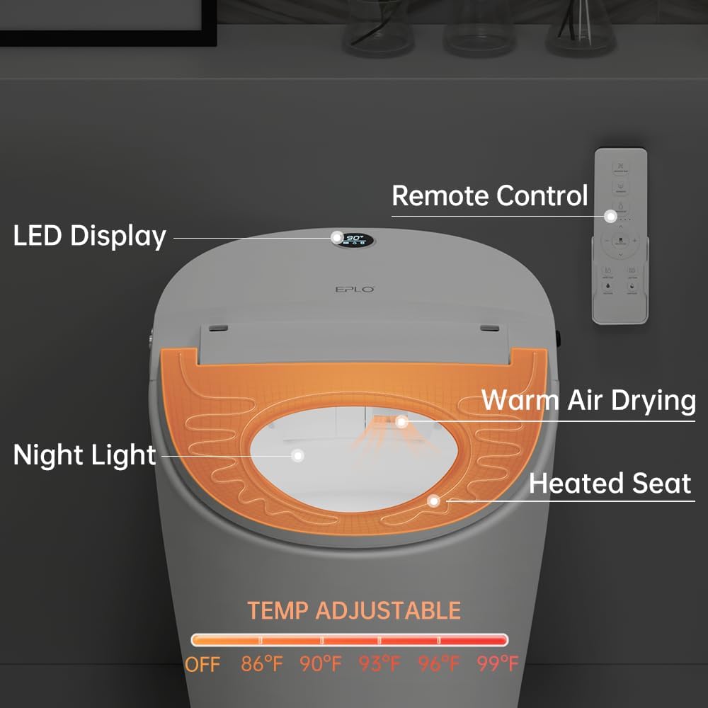 EPLO Smart Toilet,One Piece Bidet for Bathrooms,Modern Elongated Toilet with Warm Water,Dual Auto Flush,Foot Sensor Operation,Heated Bidet Seat,Electric Tankless Toilets with LED Display E16