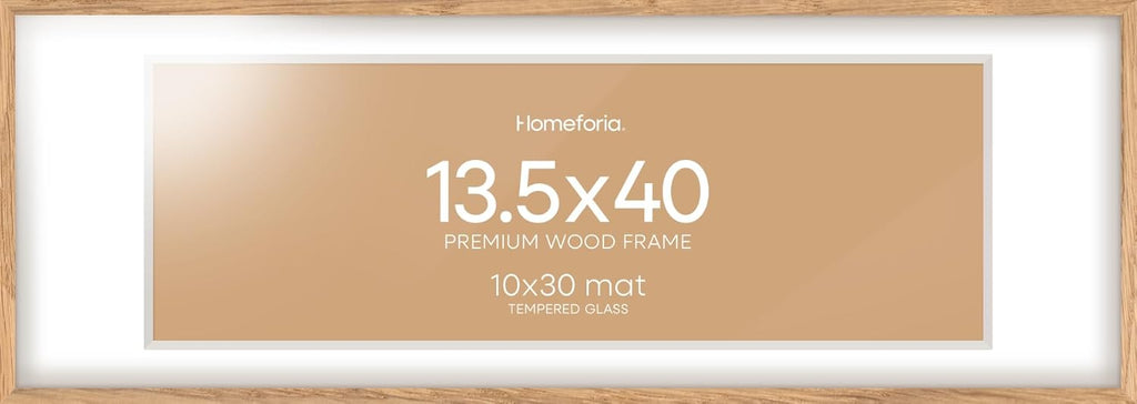 Homeforia 13.5x40 Wood Frame, High End Natural Oak 13.5x40 Light Wooden Picture Frame with Mat 10x30, 13.5 x 40 Poster Frames Matted to 10 by 30 Art, 40x13.5 Frames, Tempered Glass, Wall Kit, Set of 1