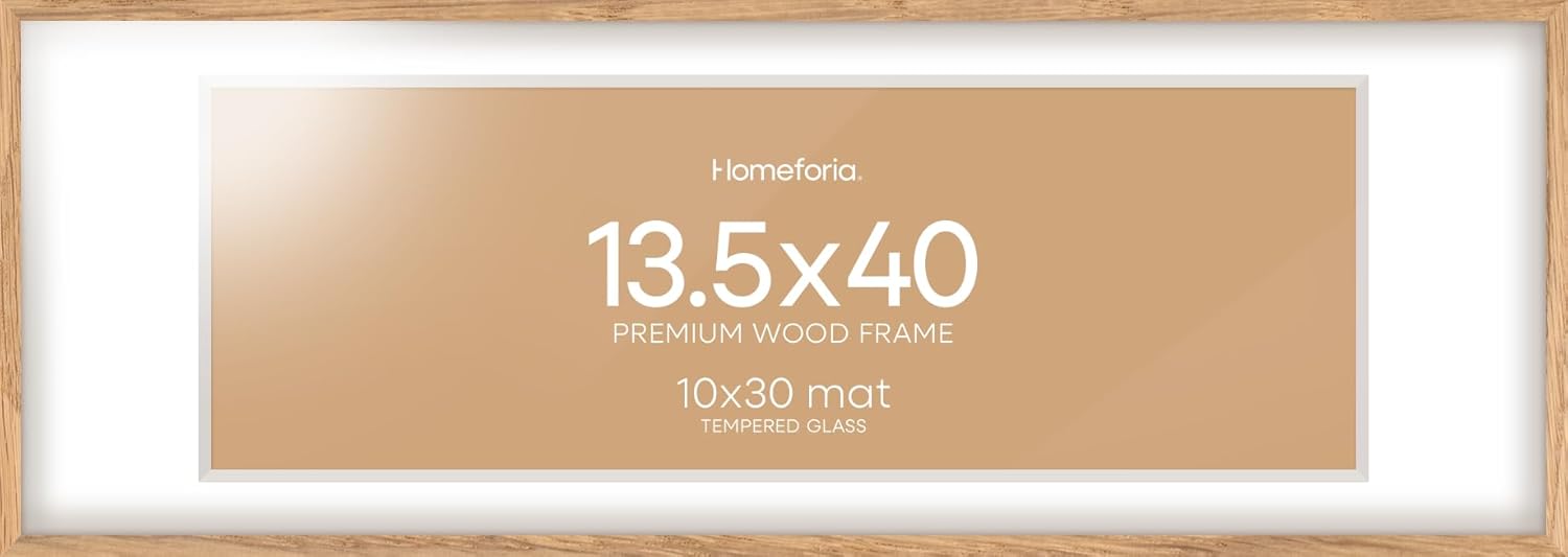 Homeforia 13.5x40 Wood Frame, High End Natural Oak 13.5x40 Light Wooden Picture Frame with Mat 10x30, 13.5 x 40 Poster Frames Matted to 10 by 30 Art, 40x13.5 Frames, Tempered Glass, Wall Kit, Set of 1