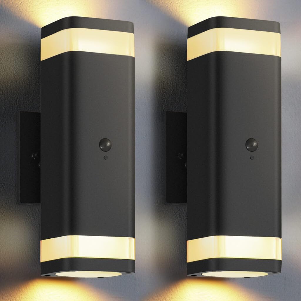 SHIMR Motion Sensor Outdoor Wall Lights 2 Pack, Modern Dusk to Dawn Up Down Sconce with 3 Modes, WaterprExterior Lighting Fixtures for Porch Garage Patio, 3000K LED Bulb Included, Black Finish