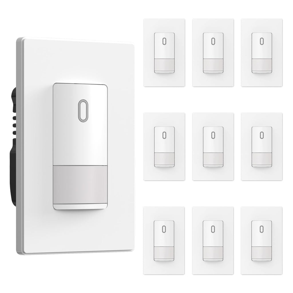 ELEGRP Matte White Single Pole Occupancy Motion Sensor Light Switch, Need Neutral Wire, 120° Sensor Coverage PIR Infrared Motion Activated, for CFL/LED/MLV/INC/HAL/Fan, UL,10 Pack