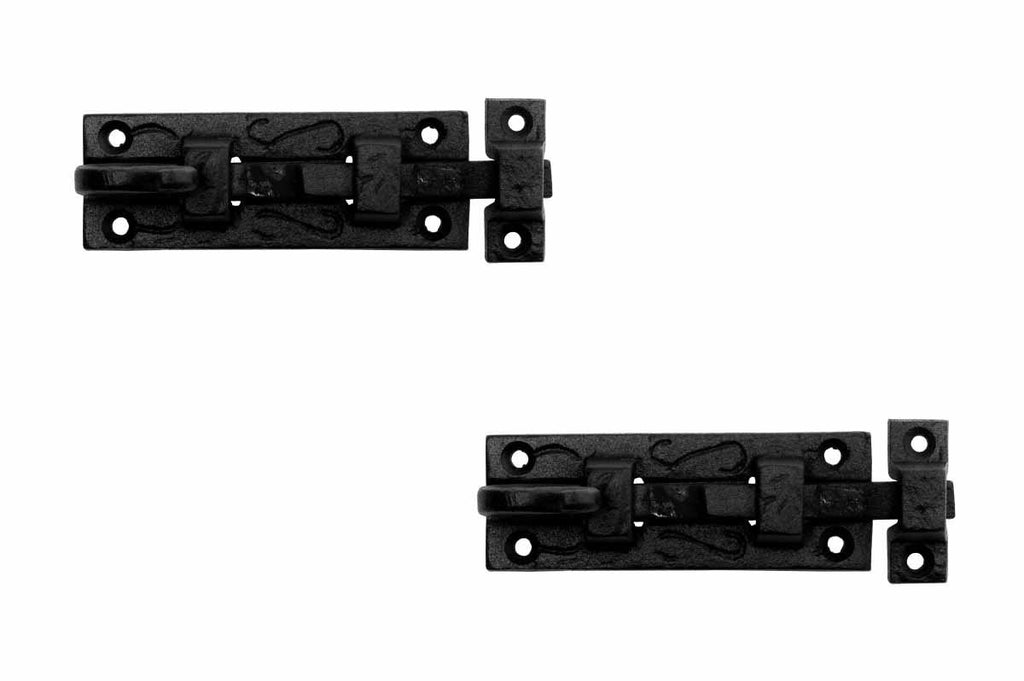 Renovators Supply Manufacturing Black Slide Bolt Door Latch 3 7/8 in. Long Wrought Iron Metal Surface Sliding Bolts with Catch for Cabinet Doors Rust Resistant Security Locks with Hardware Pack of 2
