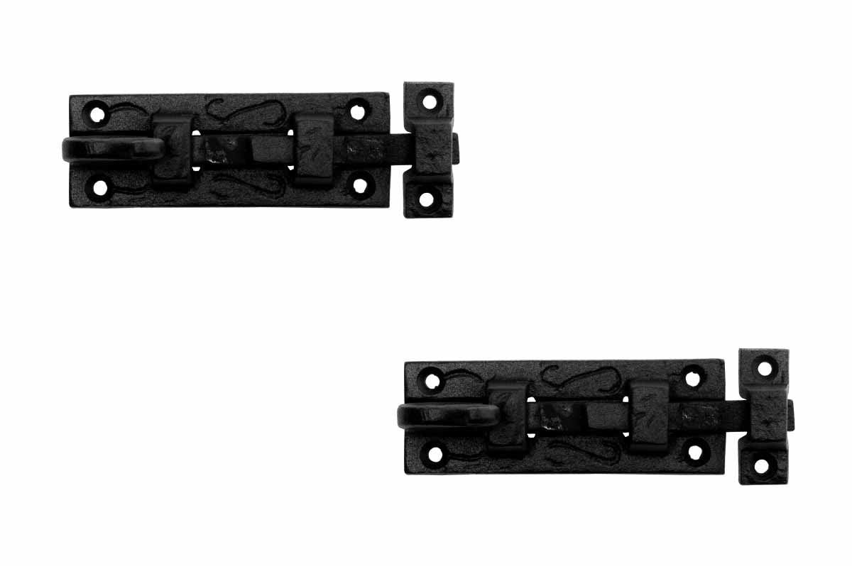 Renovators Supply Manufacturing Black Slide Bolt Door Latch 3 7/8 in. Long Wrought Iron Metal Surface Sliding Bolts with Catch for Cabinet Doors Rust Resistant Security Locks with Hardware Pack of 2