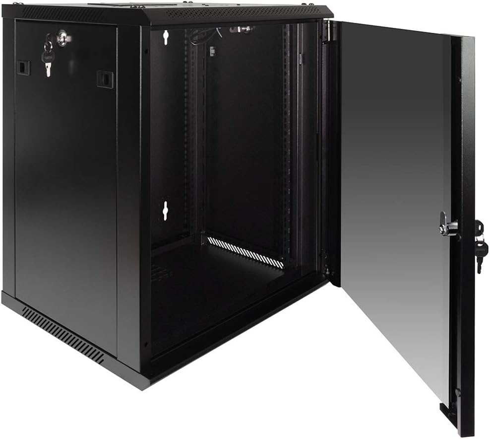 NavePoint 12U Server Rack Enclosure with Glass Door, Cooling Fan, Locks, & Removable Side Panels - 12U Wall Mount Network Cabinet 19 Inch Rack 17.7" Deep (450mm)