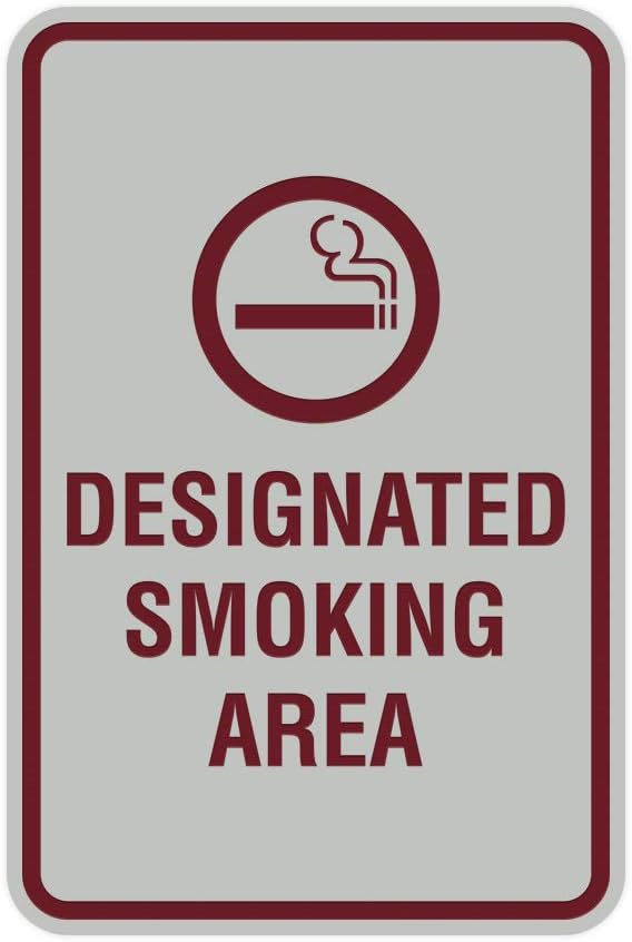 Signs ByLITA Portrait Round Designated Smoking Area Sign with Adhesive Tape, Mounts On Any Surface, Weather Resistant, Indoor/Outdoor Use (Light Grey/Burgundy) - Medium 2 Pack