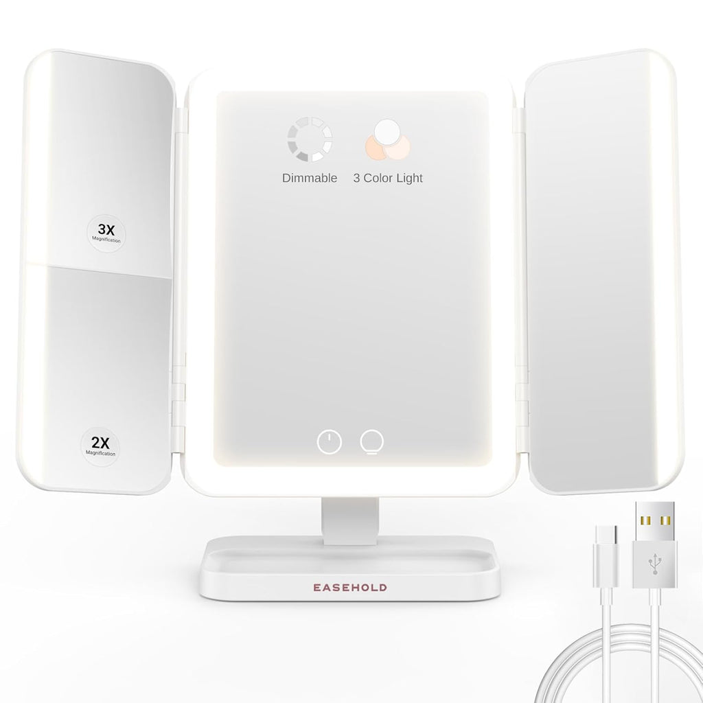 EASEHOLD Makeup Mirror with Lights, Rechargable Lighted Vanity Mirror with 116 LEDs, 1X/2X/3X Magnifying, 3-Color Mirror with LED Lights,5000 mAh Lighted Makeup Mirror, Adjustable Brightness/Angle