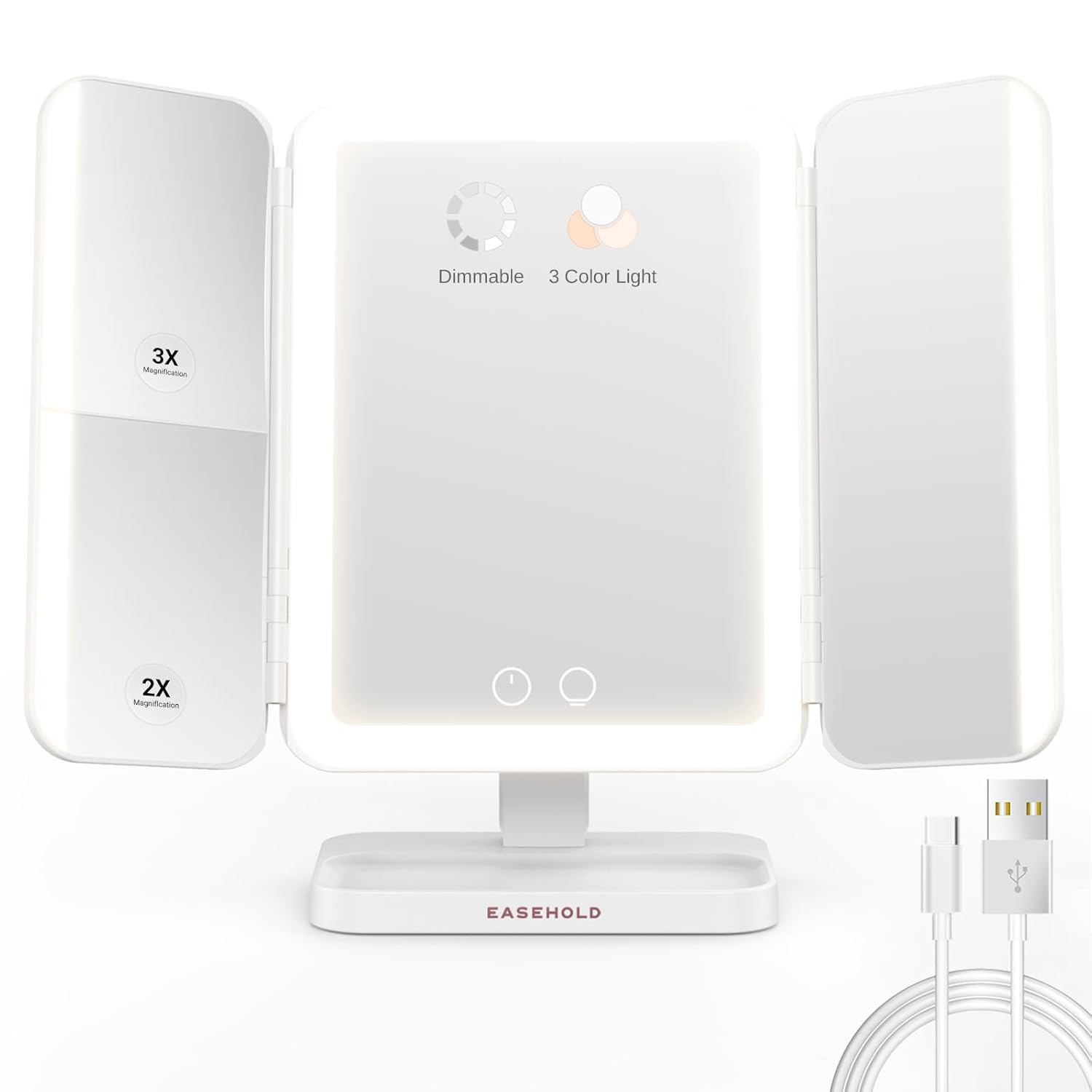 EASEHOLD Makeup Mirror with Lights, Rechargable Lighted Vanity Mirror with 116 LEDs, 1X/2X/3X Magnifying, 3-Color Mirror with LED Lights,5000 mAh Lighted Makeup Mirror, Adjustable Brightness/Angle