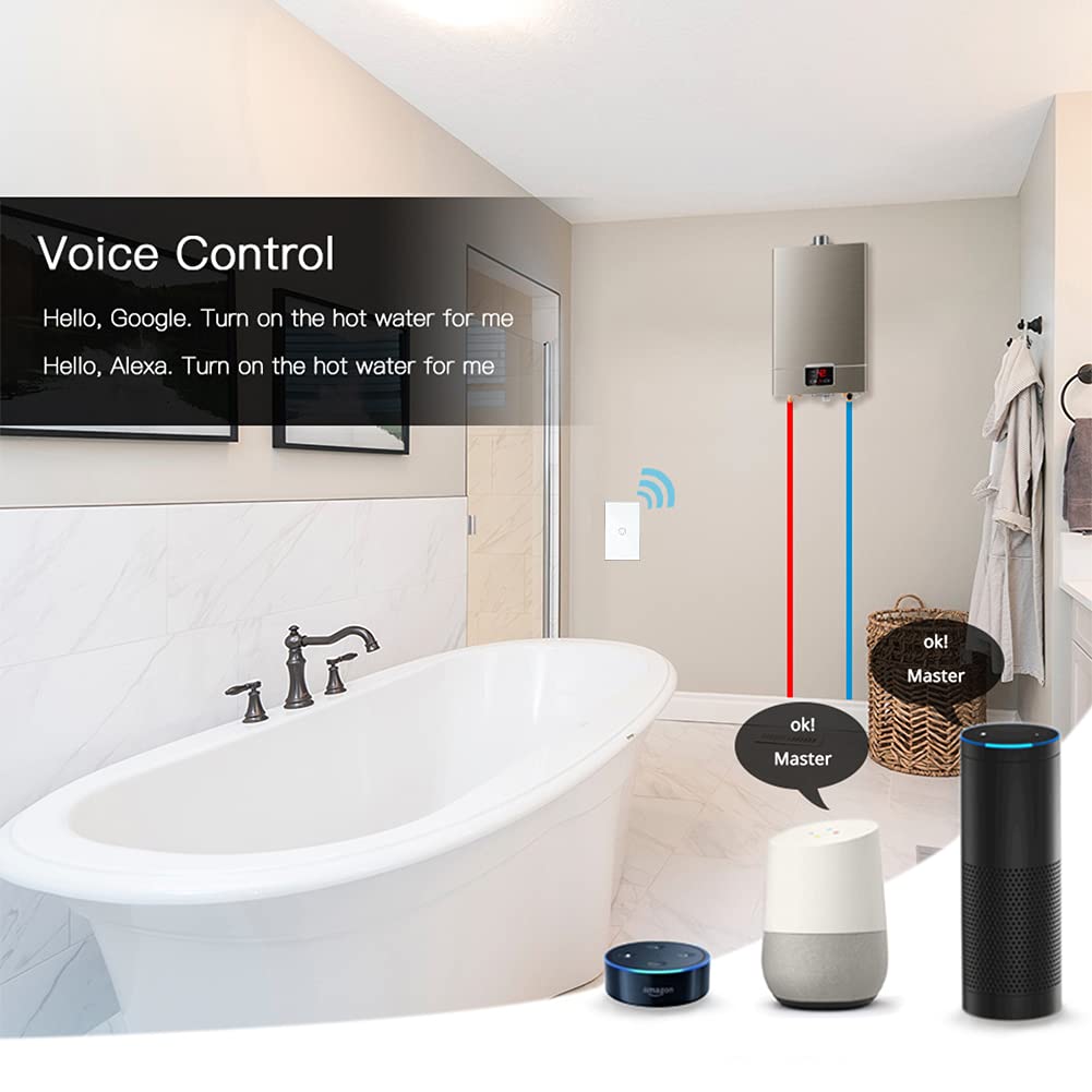 MOES Smart Water Heater Switch, 20A Water Heater Touch Switch Suitable for Bedroom, Work with Alexa, Google Assistant, 2.4GHz WiFi Glass Switch with Smart Life APP Control and Timing Function, White