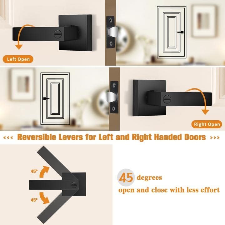 Probrico Interior Black Door Handle, Heavy Duty, Flat Square Privacy Door Handles, Keyless Door Levers Lockset for Bedroom and Bathroom (1 Pack, Modern)